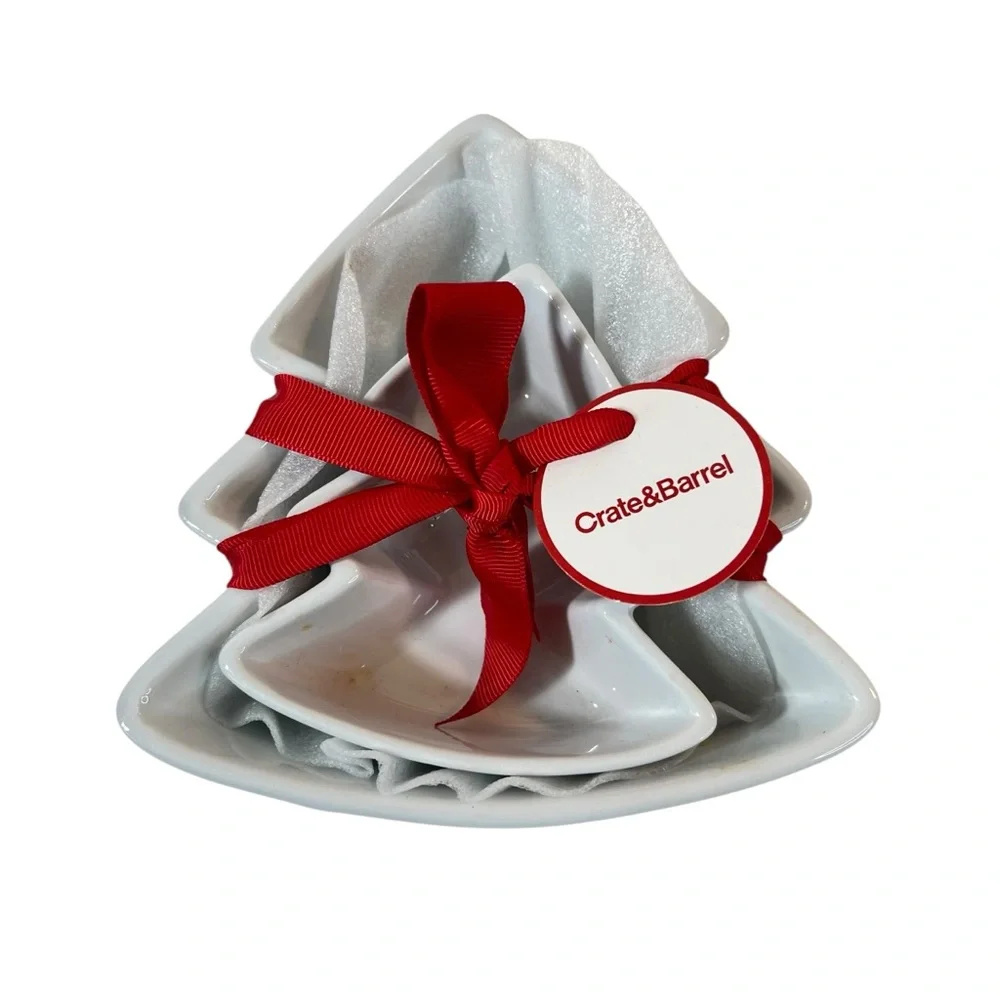 Crate & Barrel Tree Ramekins Gift Set of 2 Christmas Tree Dishes Bowls New